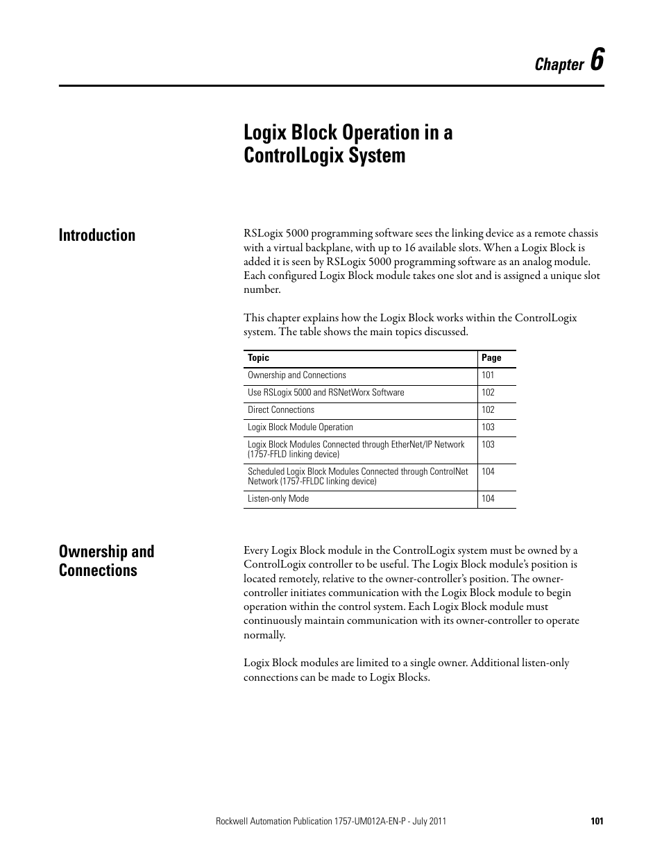 6 - logix block operation in a controllogix system, Introduction, Ownership and connections | Chapter 6, Logix block operation in a controllogix system, Introduction ownership and connections, Chapter | Rockwell Automation 1757-FFLDC4 FOUNDATION Fieldbus System User Manual User Manual | Page 101 / 184