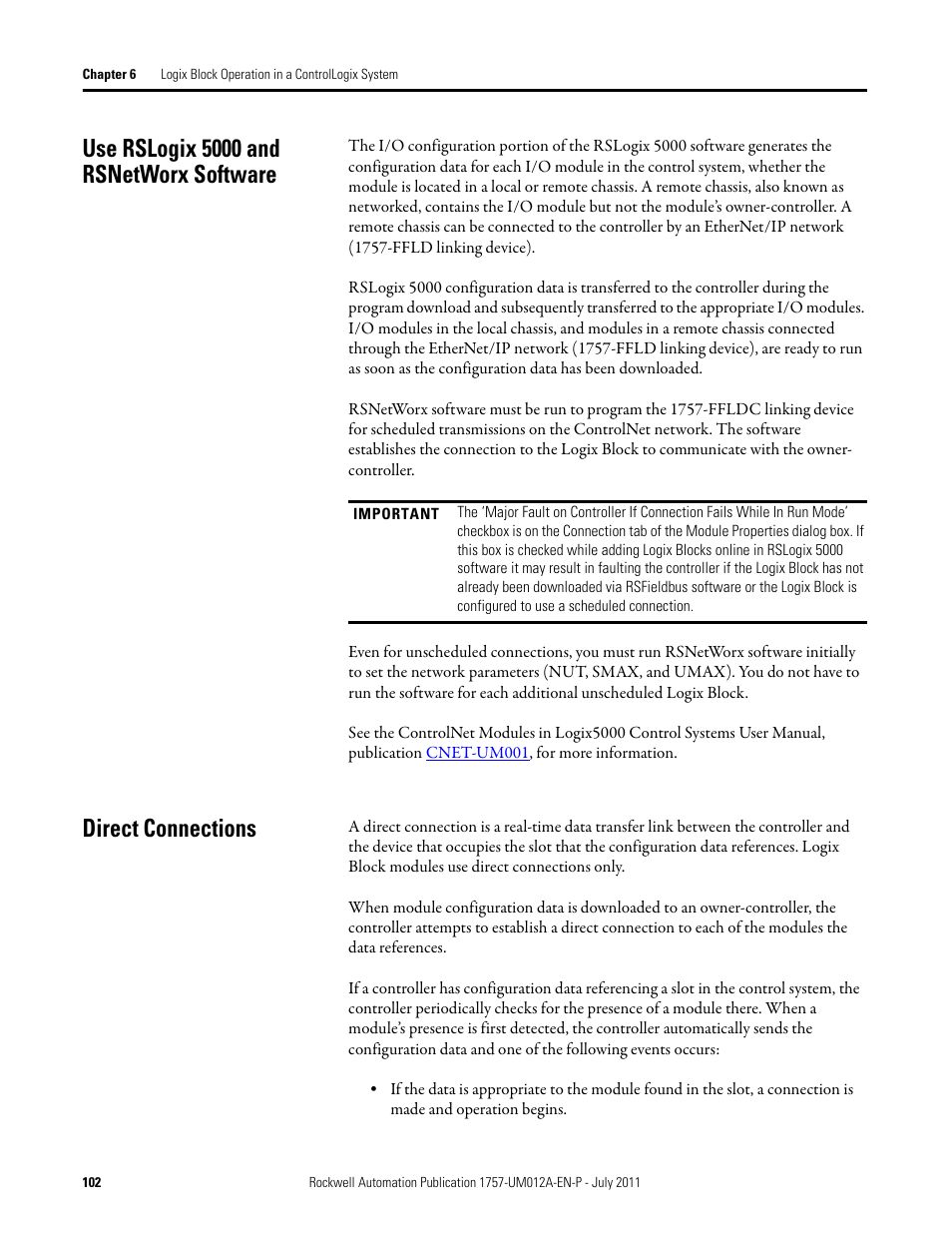 Use rslogix 5000 and rsnetworx software, Direct connections | Rockwell Automation 1757-FFLDC4 FOUNDATION Fieldbus System User Manual User Manual | Page 102 / 184