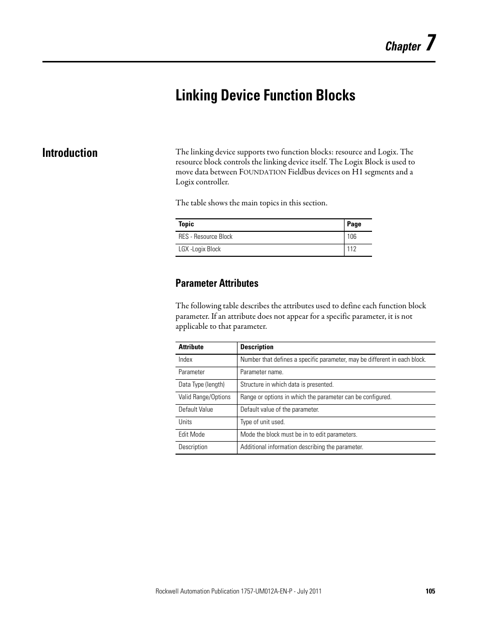 7 - linking device function blocks, Introduction, Parameter attributes | Chapter 7, Linking device function blocks, Chapter | Rockwell Automation 1757-FFLDC4 FOUNDATION Fieldbus System User Manual User Manual | Page 105 / 184