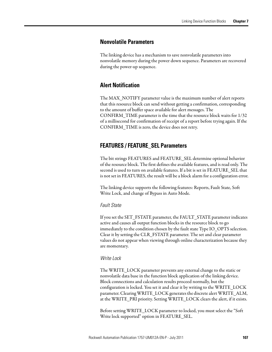 Nonvolatile parameters, Alert notification, Features / feature_sel parameters | Rockwell Automation 1757-FFLDC4 FOUNDATION Fieldbus System User Manual User Manual | Page 107 / 184