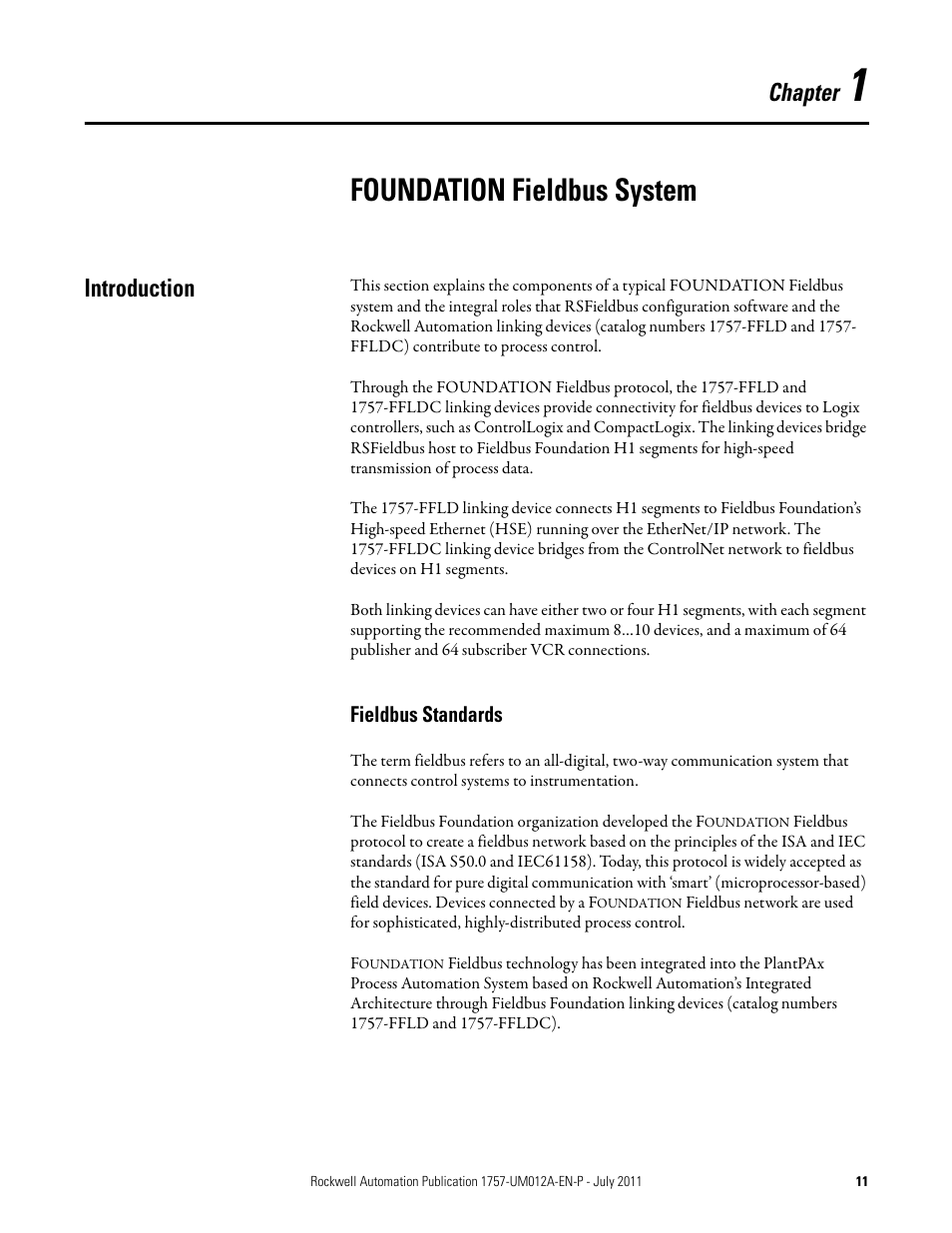 1 - foundation fieldbus system, Introduction, Fieldbus standards | Chapter 1, Foundation fieldbus system, Chapter | Rockwell Automation 1757-FFLDC4 FOUNDATION Fieldbus System User Manual User Manual | Page 11 / 184