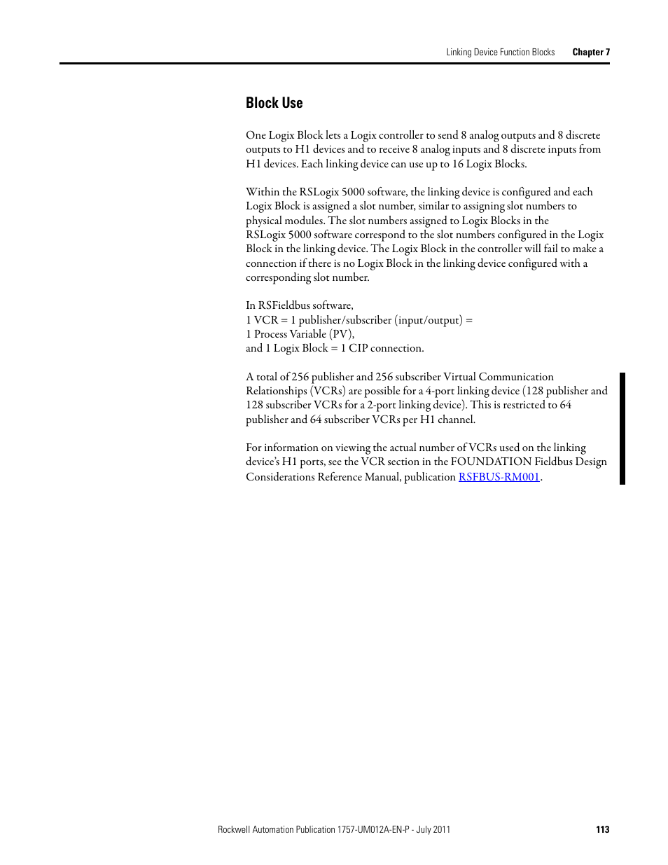 Block use | Rockwell Automation 1757-FFLDC4 FOUNDATION Fieldbus System User Manual User Manual | Page 113 / 184