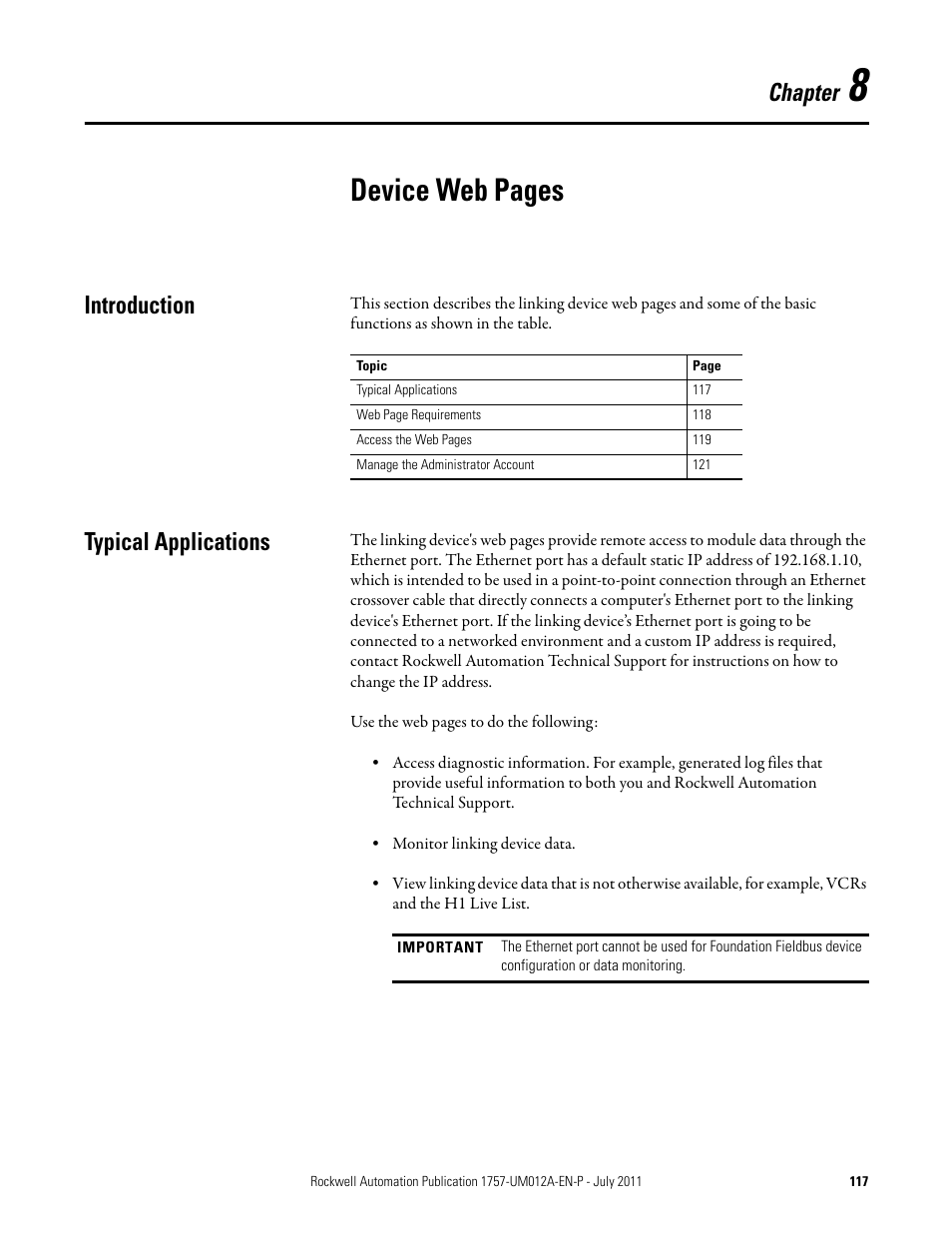 Introduction, Typical applications, Chapter 8 | Introduction typical applications, Device web pages, Chapter | Rockwell Automation 1757-FFLDC4 FOUNDATION Fieldbus System User Manual User Manual | Page 117 / 184