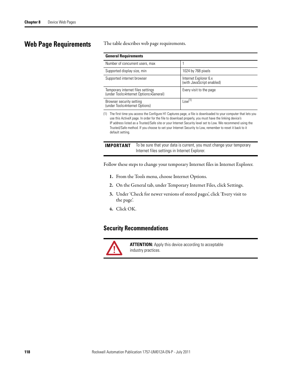 Security recommendations, Web page requirements | Rockwell Automation 1757-FFLDC4 FOUNDATION Fieldbus System User Manual User Manual | Page 118 / 184