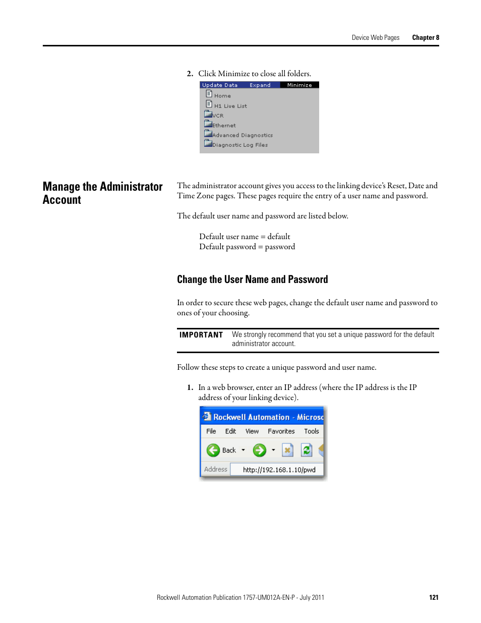 Manage the administrator account, Change the user name and password | Rockwell Automation 1757-FFLDC4 FOUNDATION Fieldbus System User Manual User Manual | Page 121 / 184