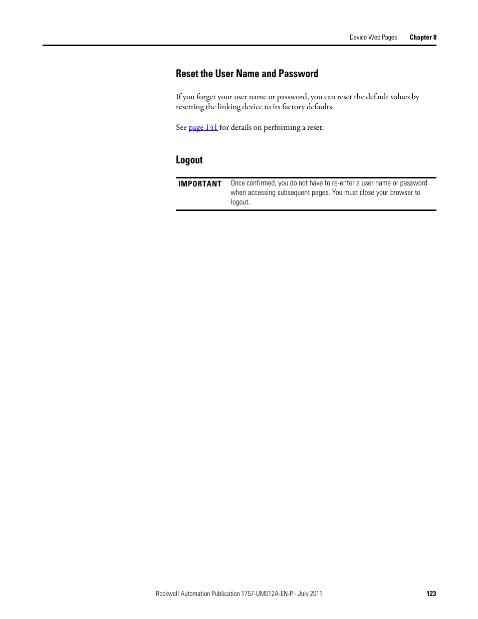 Reset the user name and password, Logout, Reset the user name and password logout | Rockwell Automation 1757-FFLDC4 FOUNDATION Fieldbus System User Manual User Manual | Page 123 / 184