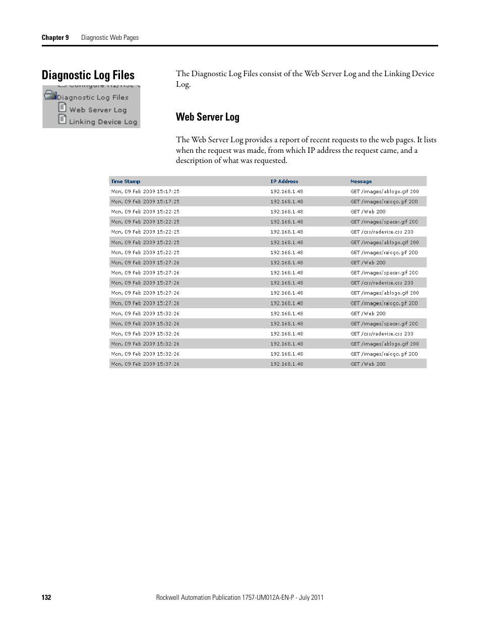 Diagnostic log files, Web server log | Rockwell Automation 1757-FFLDC4 FOUNDATION Fieldbus System User Manual User Manual | Page 132 / 184