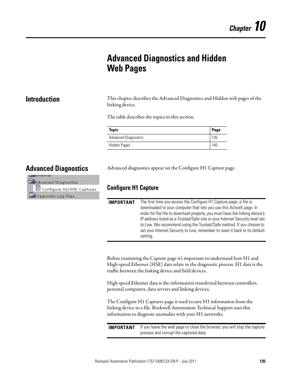 Introduction, Advanced diagnostics, Configure h1 capture | Chapter 10, Introduction advanced diagnostics, Advanced diagnostics and hidden web pages, Chapter | Rockwell Automation 1757-FFLDC4 FOUNDATION Fieldbus System User Manual User Manual | Page 135 / 184