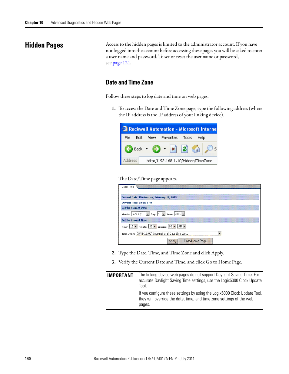 Date and time zone, Hidden pages | Rockwell Automation 1757-FFLDC4 FOUNDATION Fieldbus System User Manual User Manual | Page 140 / 184