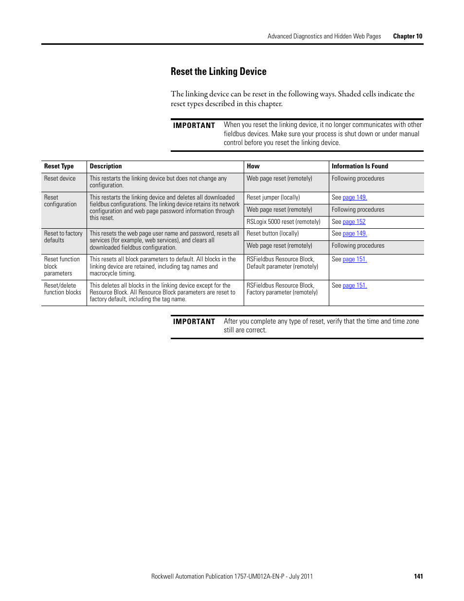 Reset the linking device | Rockwell Automation 1757-FFLDC4 FOUNDATION Fieldbus System User Manual User Manual | Page 141 / 184