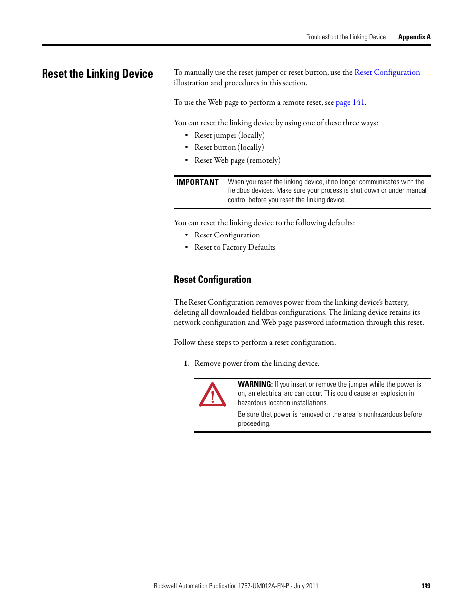 Reset the linking device, Reset configuration | Rockwell Automation 1757-FFLDC4 FOUNDATION Fieldbus System User Manual User Manual | Page 149 / 184