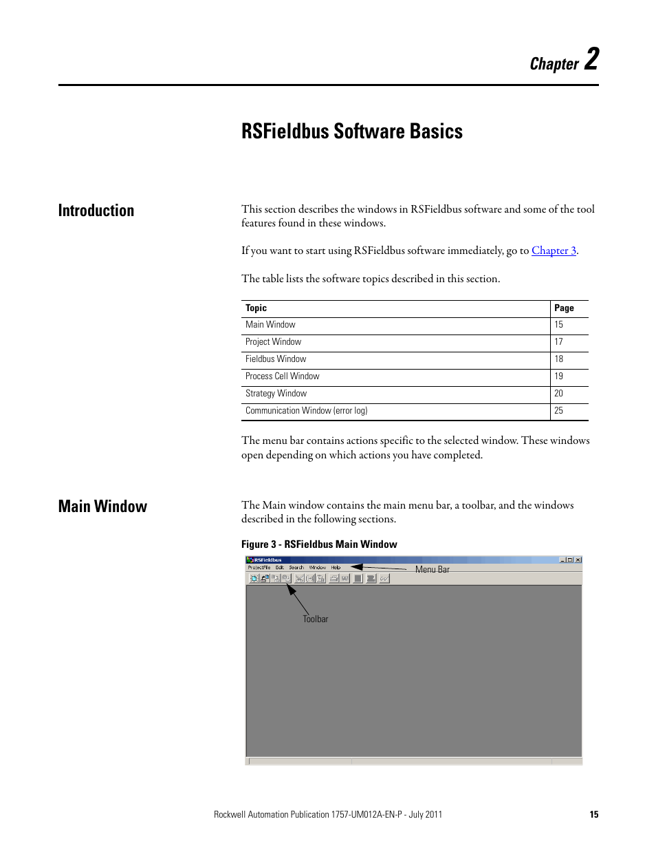 2 - rsfieldbus software basics, Introduction, Main window | Chapter 2, Rsfieldbus software basics, Introduction main window, Chapter | Rockwell Automation 1757-FFLDC4 FOUNDATION Fieldbus System User Manual User Manual | Page 15 / 184