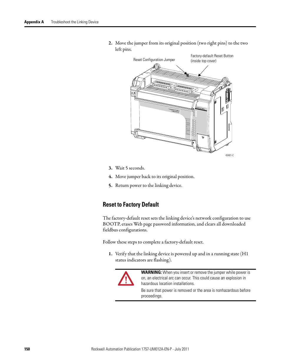 Reset to factory default | Rockwell Automation 1757-FFLDC4 FOUNDATION Fieldbus System User Manual User Manual | Page 150 / 184