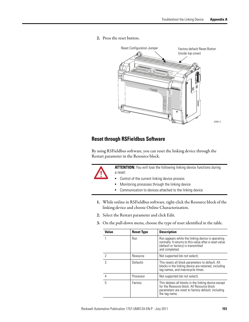 Reset through rsfieldbus software | Rockwell Automation 1757-FFLDC4 FOUNDATION Fieldbus System User Manual User Manual | Page 151 / 184