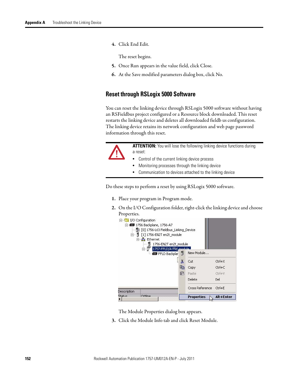 Reset through rslogix 5000 software | Rockwell Automation 1757-FFLDC4 FOUNDATION Fieldbus System User Manual User Manual | Page 152 / 184