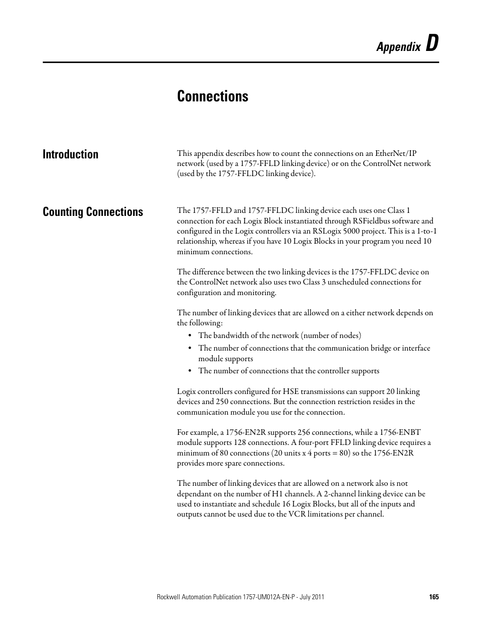 D - connections, Introduction, Counting connections | Appendix d, Connections, Introduction counting connections, Appendix | Rockwell Automation 1757-FFLDC4 FOUNDATION Fieldbus System User Manual User Manual | Page 165 / 184