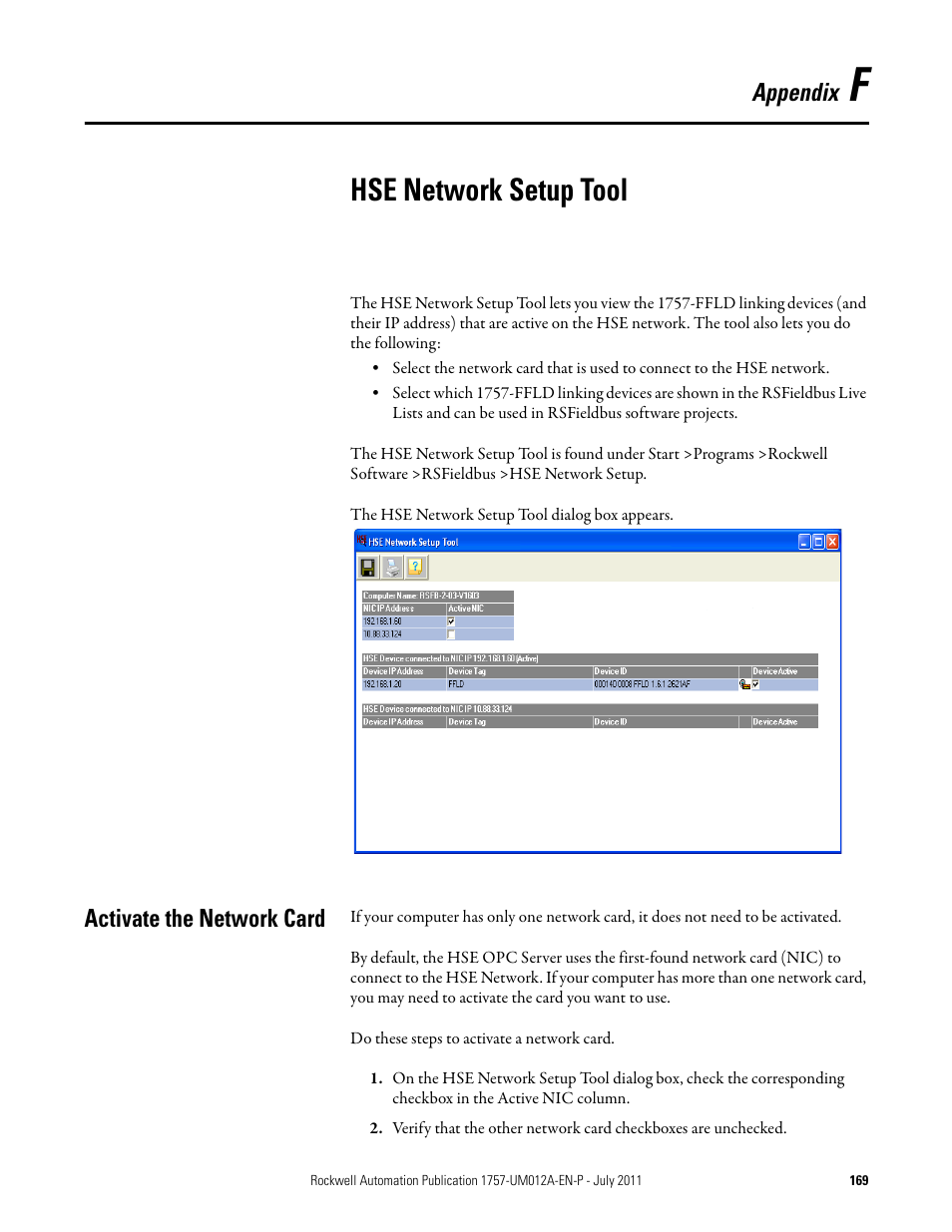 F - hse network setup tool, Activate the network card, Appendix f | Hse network setup tool, Appendix | Rockwell Automation 1757-FFLDC4 FOUNDATION Fieldbus System User Manual User Manual | Page 169 / 184