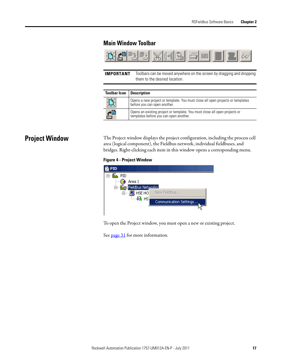 Main window toolbar, Project window | Rockwell Automation 1757-FFLDC4 FOUNDATION Fieldbus System User Manual User Manual | Page 17 / 184