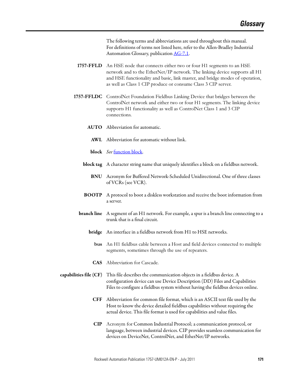 Glossary | Rockwell Automation 1757-FFLDC4 FOUNDATION Fieldbus System User Manual User Manual | Page 171 / 184