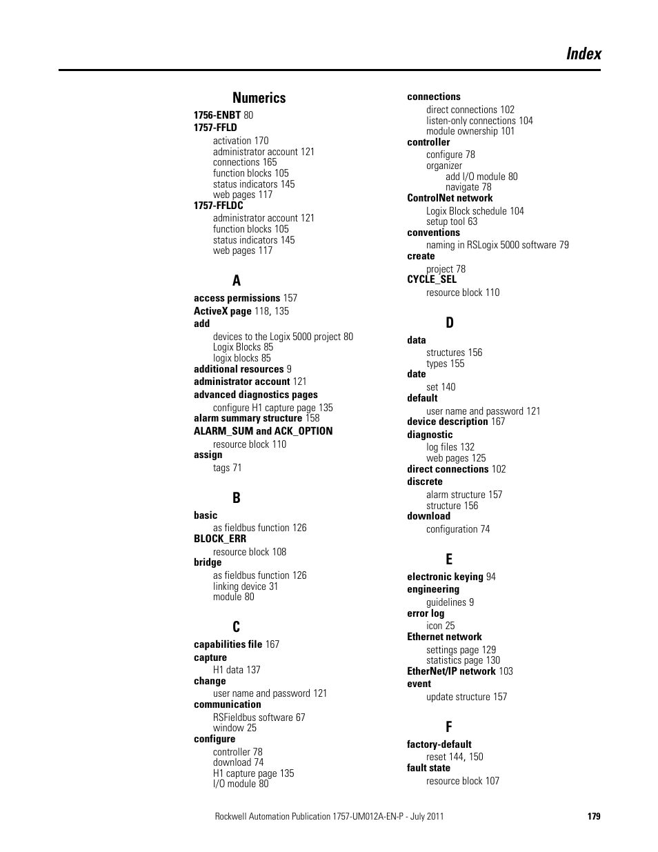 Index, Numerics | Rockwell Automation 1757-FFLDC4 FOUNDATION Fieldbus System User Manual User Manual | Page 179 / 184