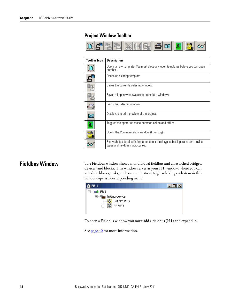 Project window toolbar, Fieldbus window | Rockwell Automation 1757-FFLDC4 FOUNDATION Fieldbus System User Manual User Manual | Page 18 / 184