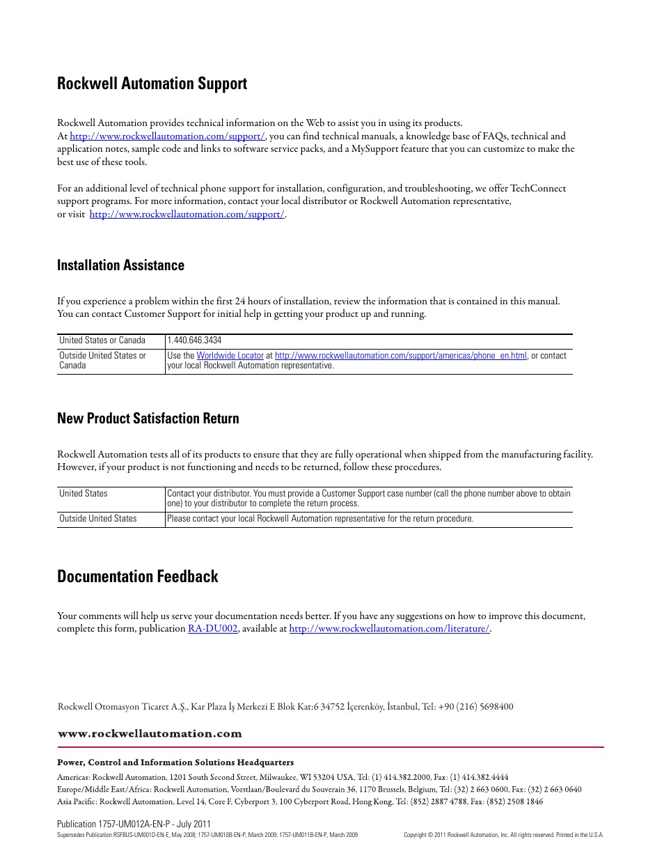 Back cover, Rockwell automation support, Documentation feedback | Installation assistance, New product satisfaction return | Rockwell Automation 1757-FFLDC4 FOUNDATION Fieldbus System User Manual User Manual | Page 184 / 184