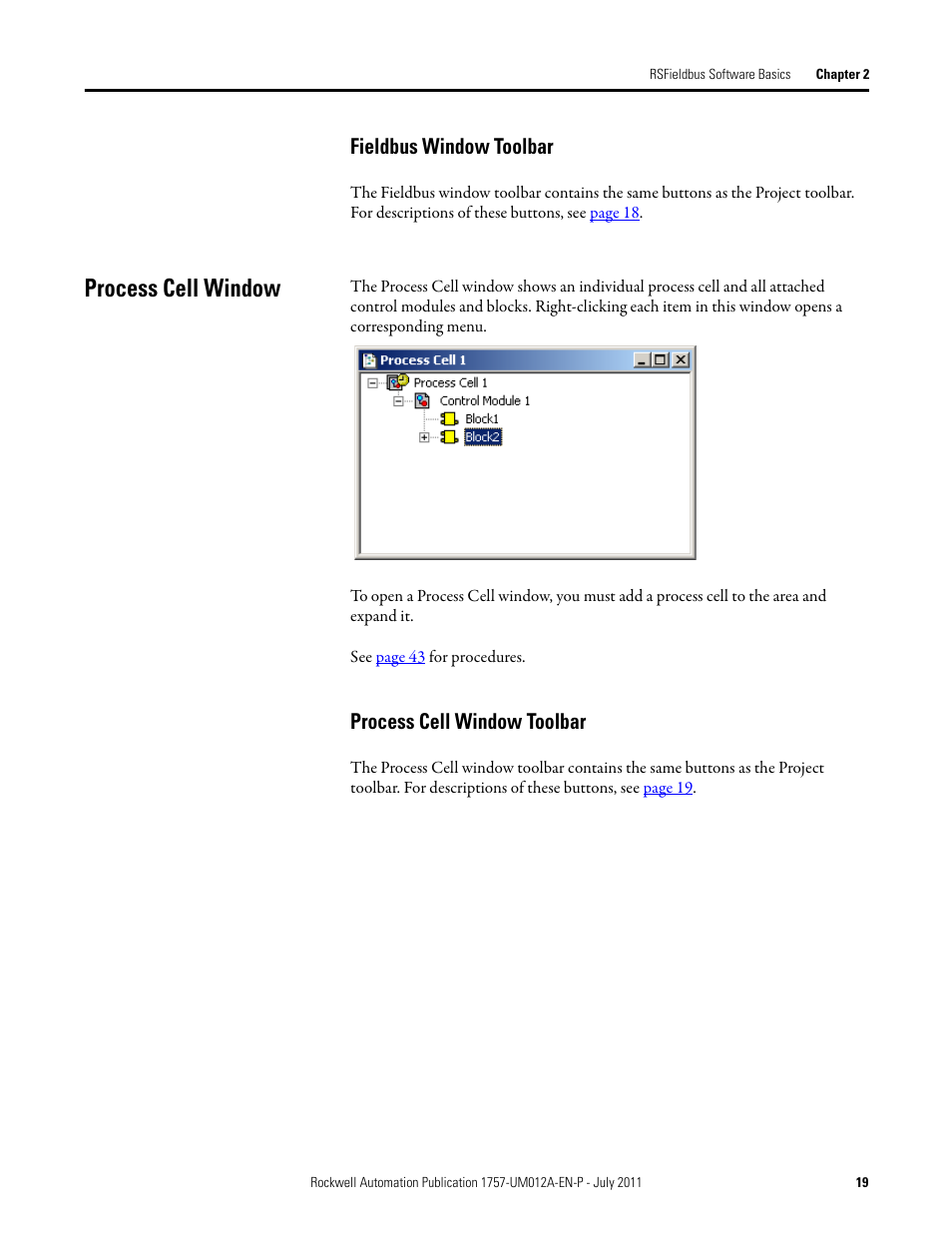 Fieldbus window toolbar, Process cell window, Process cell window toolbar | Rockwell Automation 1757-FFLDC4 FOUNDATION Fieldbus System User Manual User Manual | Page 19 / 184