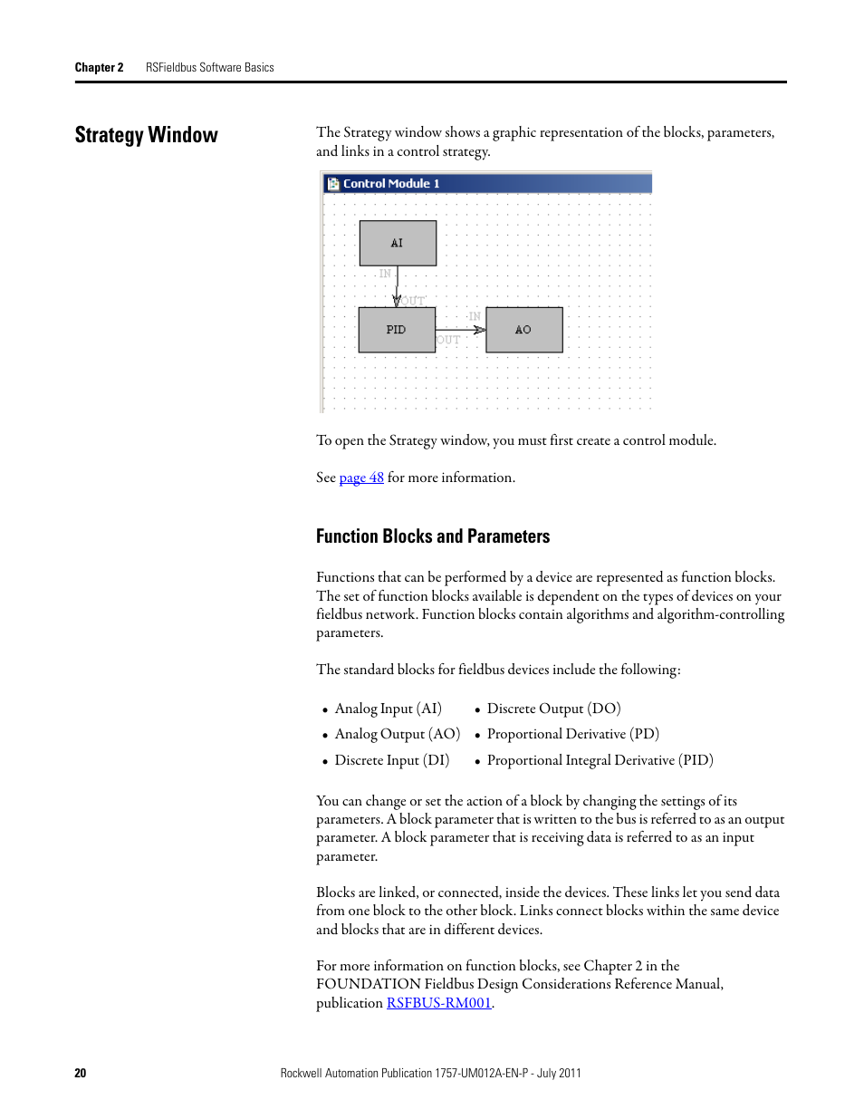 Strategy window, Function blocks and parameters | Rockwell Automation 1757-FFLDC4 FOUNDATION Fieldbus System User Manual User Manual | Page 20 / 184