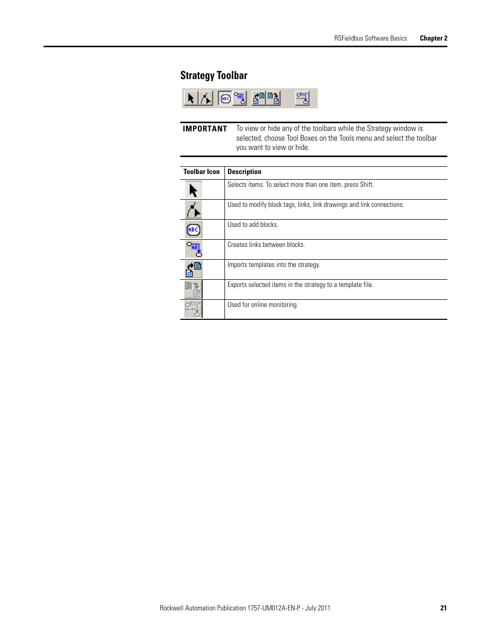 Strategy toolbar | Rockwell Automation 1757-FFLDC4 FOUNDATION Fieldbus System User Manual User Manual | Page 21 / 184