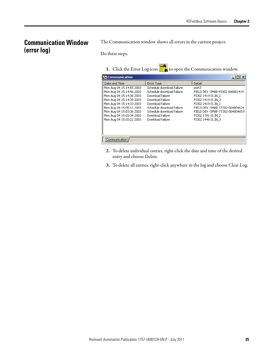 Communication window (error log) | Rockwell Automation 1757-FFLDC4 FOUNDATION Fieldbus System User Manual User Manual | Page 25 / 184
