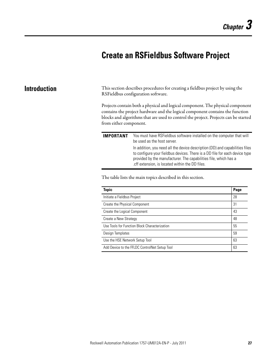 3 - create an rsfieldbus software project, Introduction, Chapter 3 | Create an rsfieldbus software project, Chapter | Rockwell Automation 1757-FFLDC4 FOUNDATION Fieldbus System User Manual User Manual | Page 27 / 184