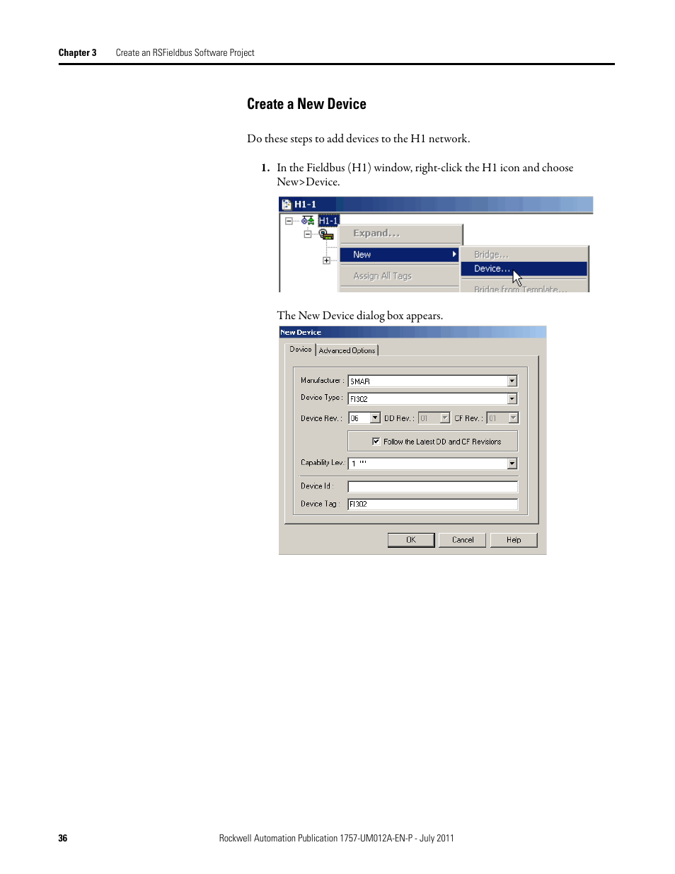 Create a new device | Rockwell Automation 1757-FFLDC4 FOUNDATION Fieldbus System User Manual User Manual | Page 36 / 184