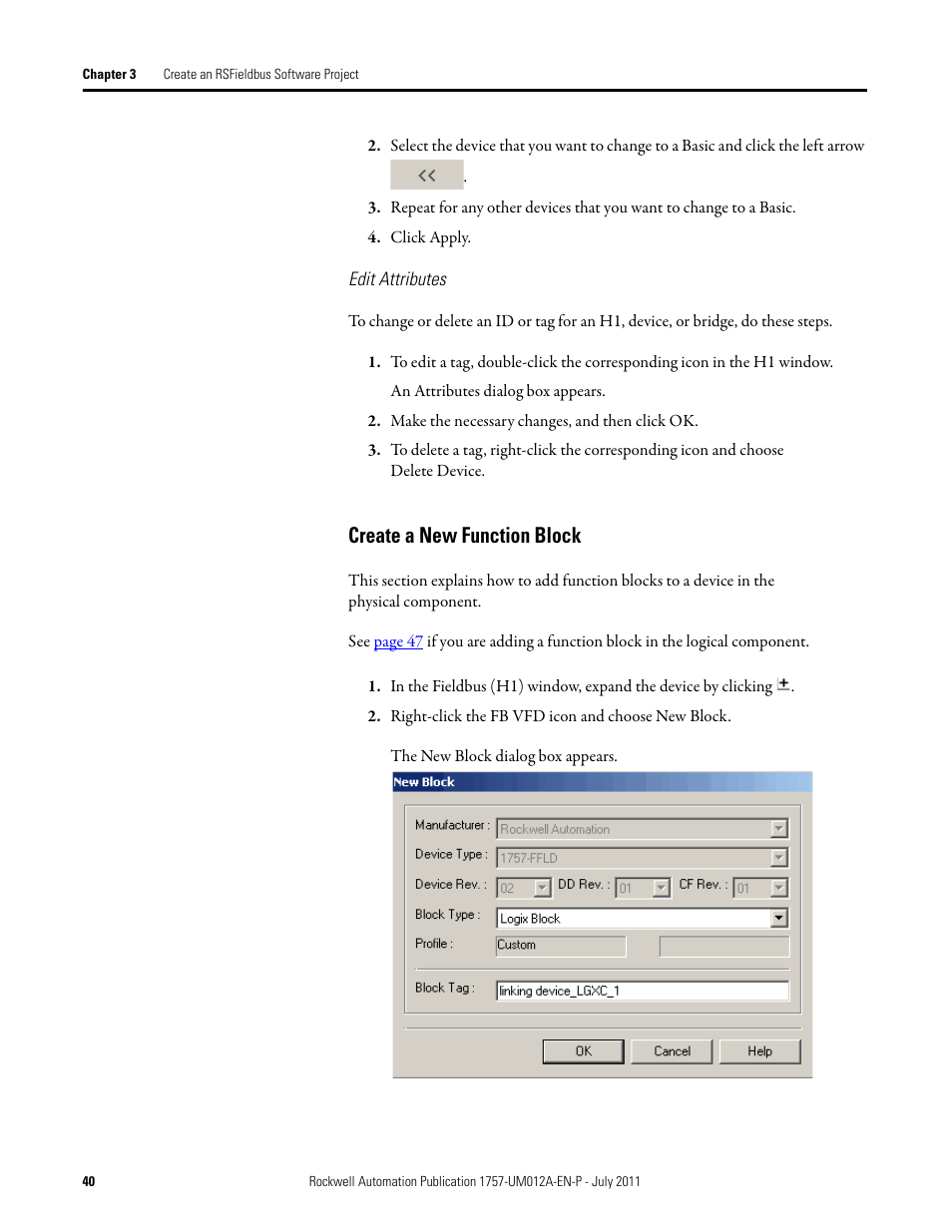 Create a new function block | Rockwell Automation 1757-FFLDC4 FOUNDATION Fieldbus System User Manual User Manual | Page 40 / 184