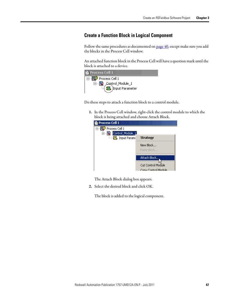 Create a function block in logical component | Rockwell Automation 1757-FFLDC4 FOUNDATION Fieldbus System User Manual User Manual | Page 47 / 184