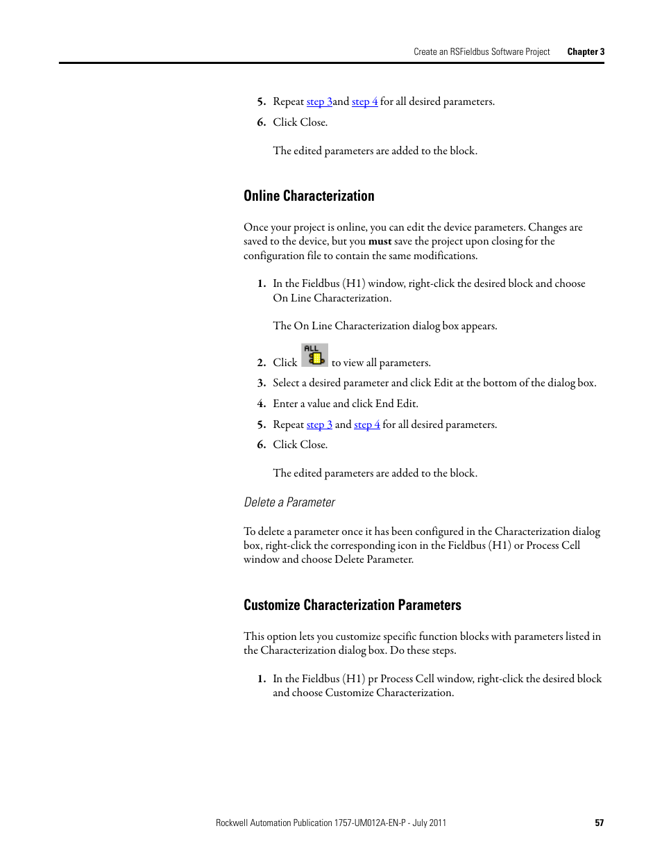 Online characterization, Customize characterization parameters | Rockwell Automation 1757-FFLDC4 FOUNDATION Fieldbus System User Manual User Manual | Page 57 / 184
