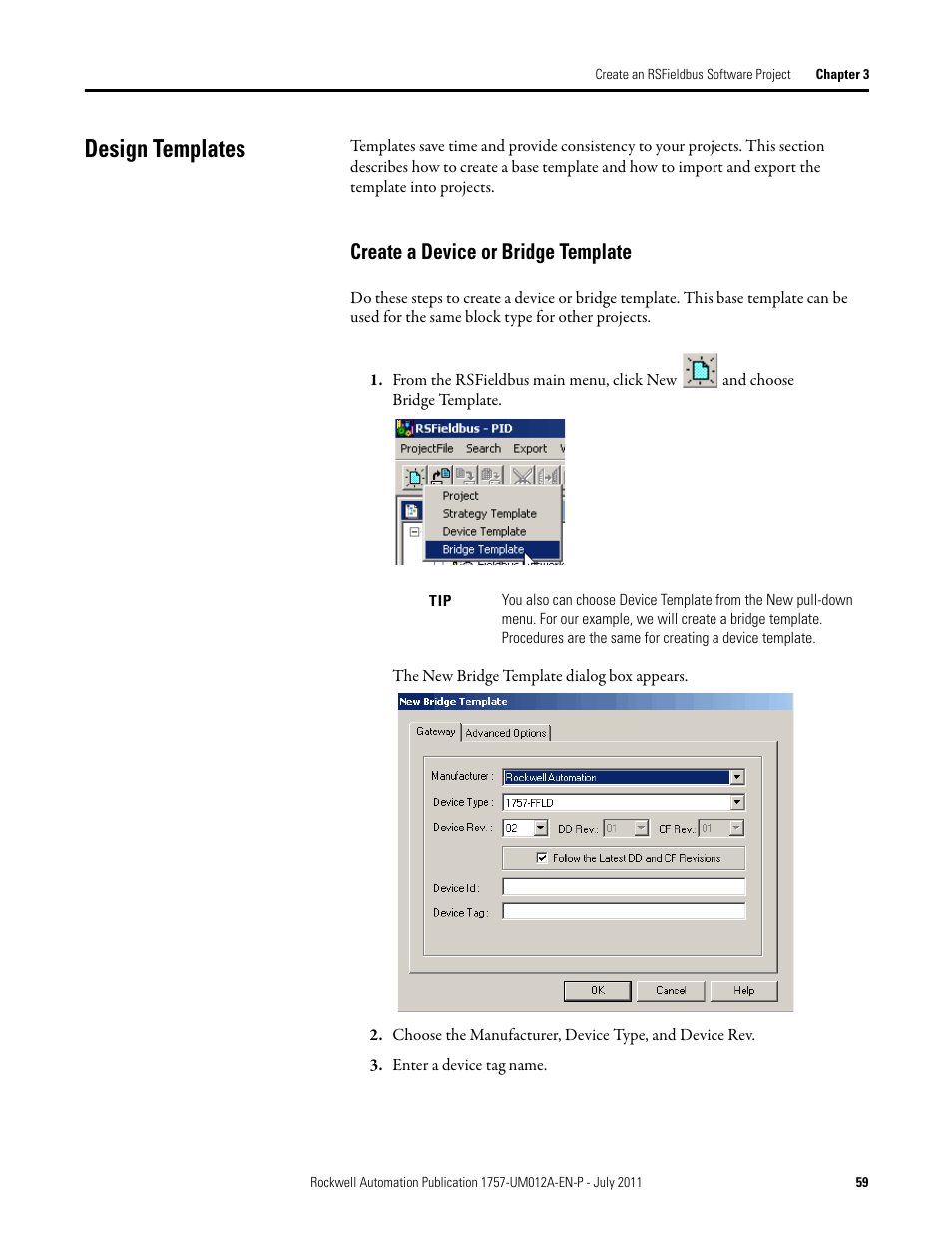 Design templates, Create a device or bridge template | Rockwell Automation 1757-FFLDC4 FOUNDATION Fieldbus System User Manual User Manual | Page 59 / 184