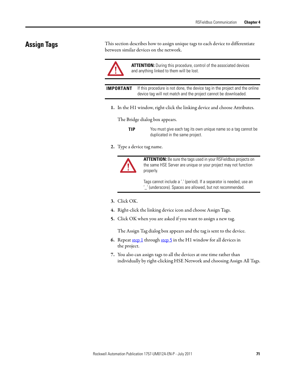 Assign tags | Rockwell Automation 1757-FFLDC4 FOUNDATION Fieldbus System User Manual User Manual | Page 71 / 184