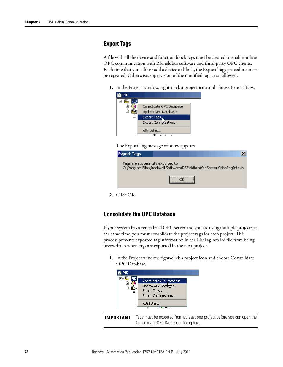 Export tags, Consolidate the opc database, Export tags consolidate the opc database | Rockwell Automation 1757-FFLDC4 FOUNDATION Fieldbus System User Manual User Manual | Page 72 / 184