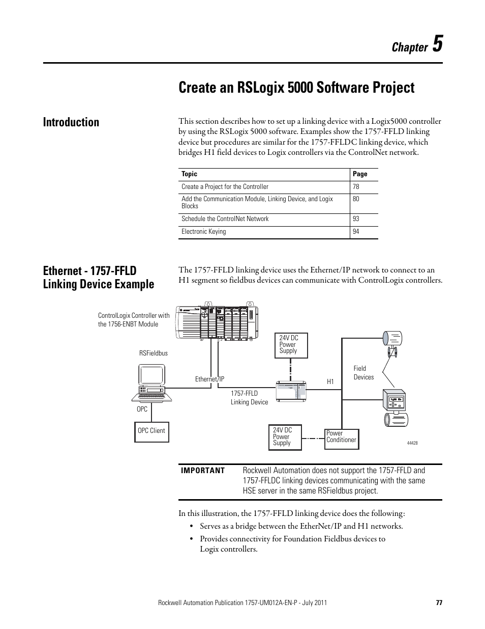 5 - create an rslogix 5000 software project, Create an rslogix 5000 software project, Chapter | Introduction, Ethernet - 1757-ffld linking device example | Rockwell Automation 1757-FFLDC4 FOUNDATION Fieldbus System User Manual User Manual | Page 77 / 184