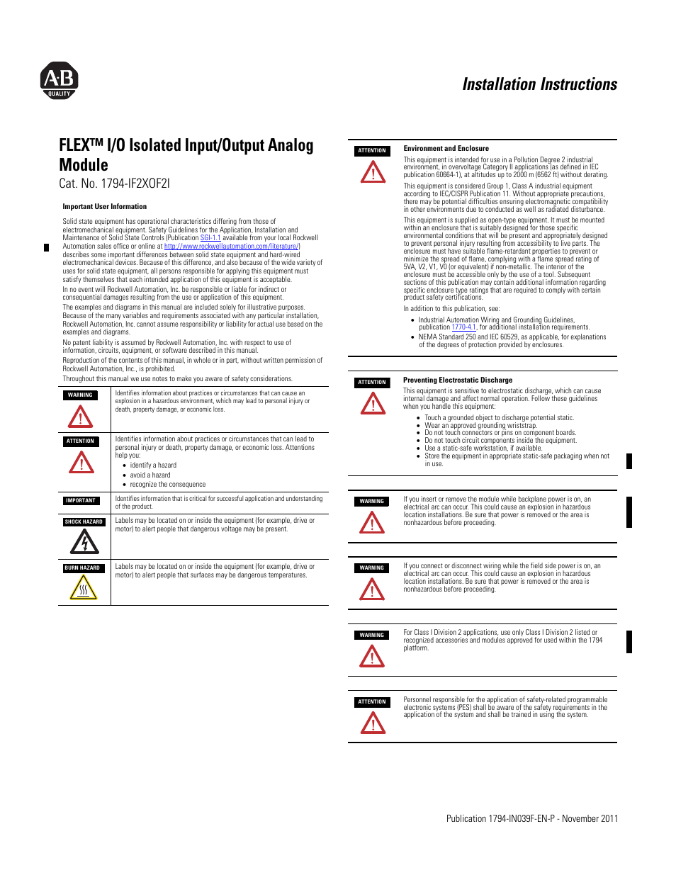 Rockwell Automation 1794-IF2XOF2I FLEX I/O 2 In/2 Out Isolated Analog Combo Module User Manual | 6 pages