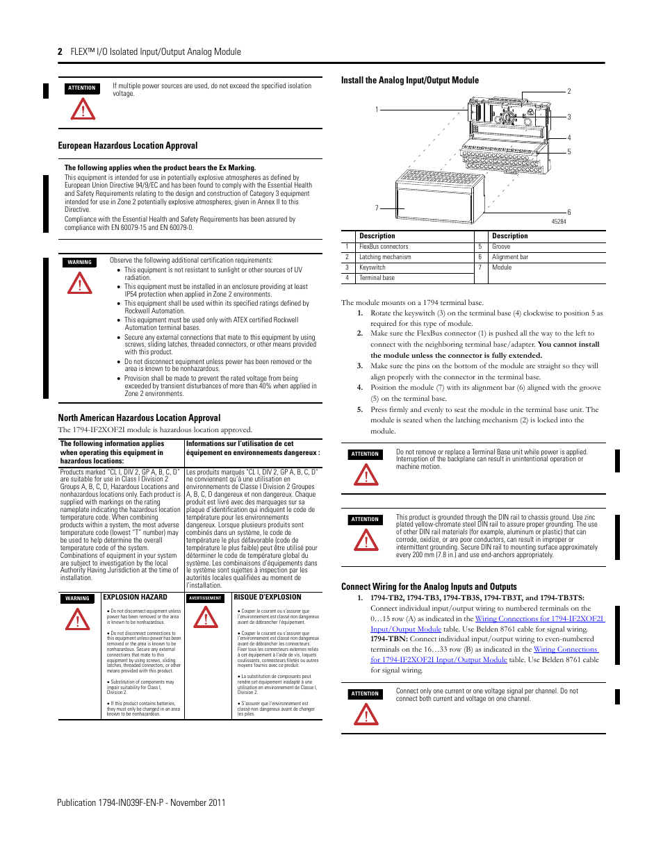 European hazardous location approval, North american hazardous location approval, Install the analog input/output module | Connect wiring for the analog inputs and outputs | Rockwell Automation 1794-IF2XOF2I FLEX I/O 2 In/2 Out Isolated Analog Combo Module User Manual | Page 2 / 6
