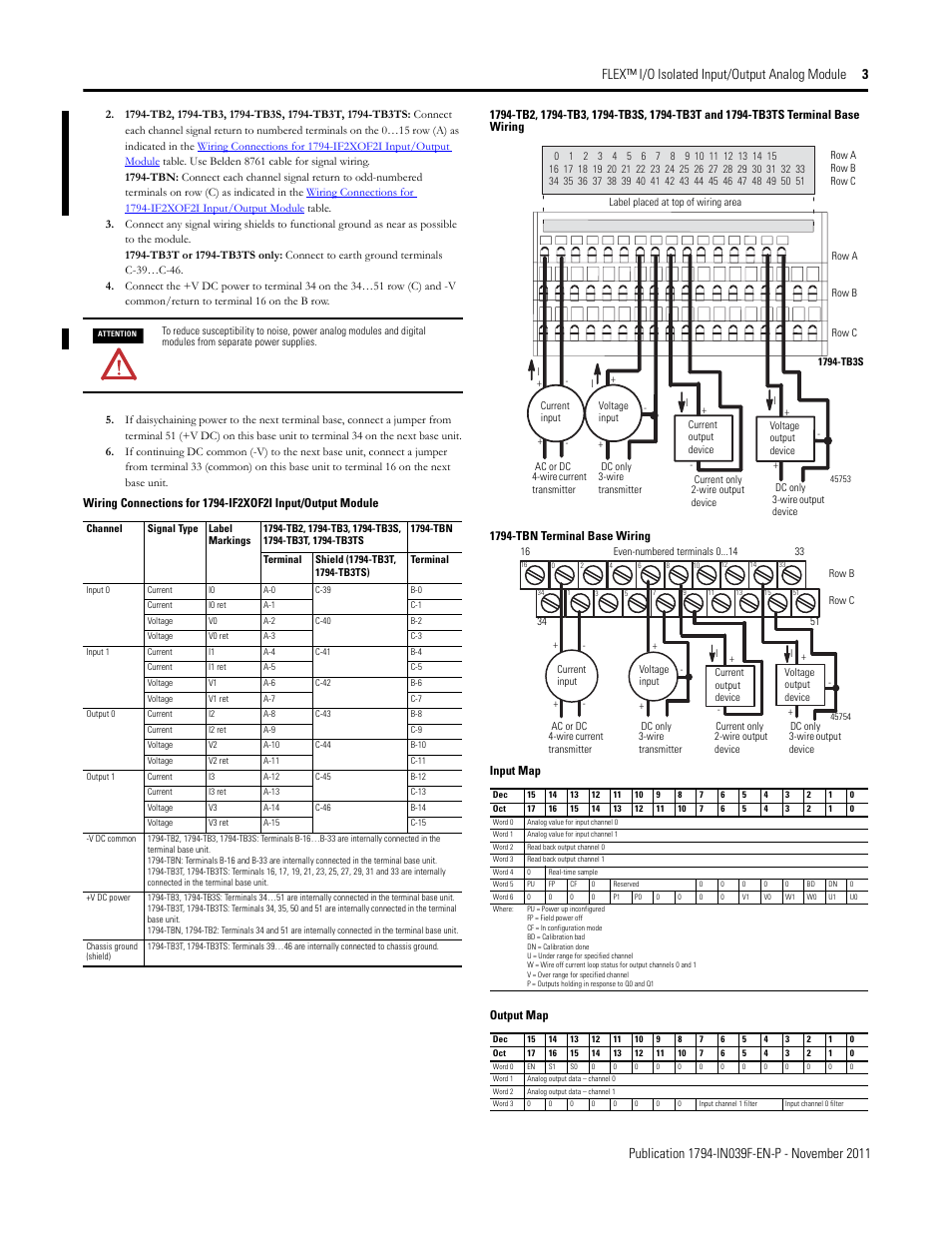 Wiring connections for 1794-if2xof2i, Input/output module, Wiring connections | For 1794-if2xof2i input/output module | Rockwell Automation 1794-IF2XOF2I FLEX I/O 2 In/2 Out Isolated Analog Combo Module User Manual | Page 3 / 6