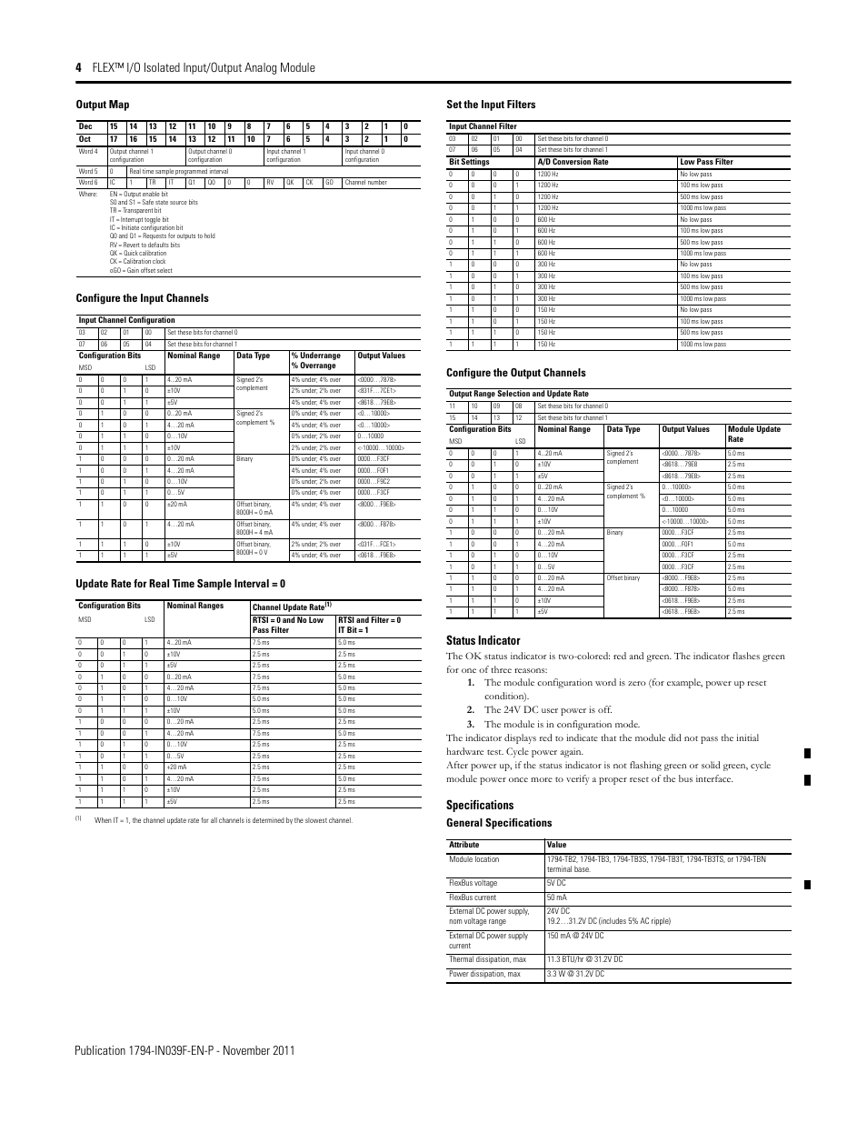 Status indicator, Specifications, Configure the input channels | Update rate for real time sample interval = 0, Output map, Set the input filters, Configure the output channels, General specifications | Rockwell Automation 1794-IF2XOF2I FLEX I/O 2 In/2 Out Isolated Analog Combo Module User Manual | Page 4 / 6