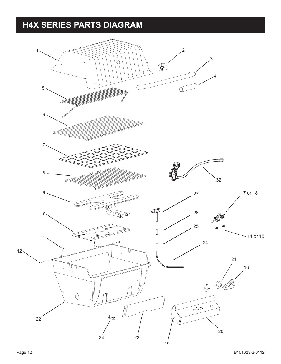 H4x series parts diagram | Broilmaster P4XF-1 User Manual | Page 12 / 56