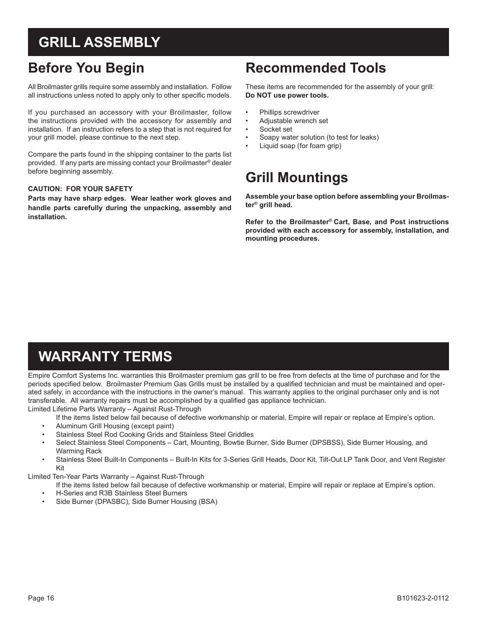 Before you begin, Recommended tools, Grill mountings | Grill assembly, Warranty terms | Broilmaster P4XF-1 User Manual | Page 16 / 56