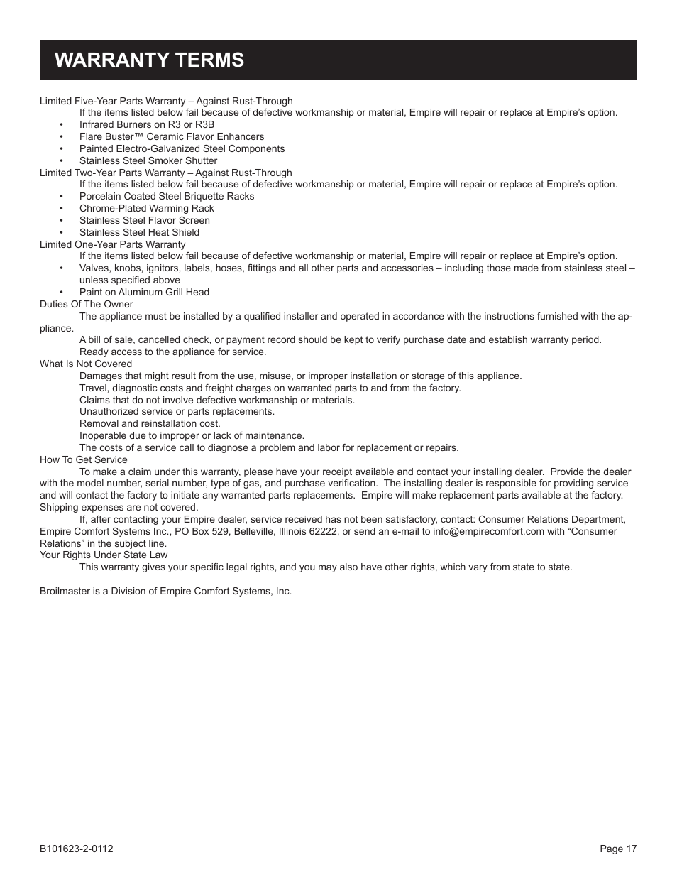 Warranty terms | Broilmaster P4XF-1 User Manual | Page 17 / 56