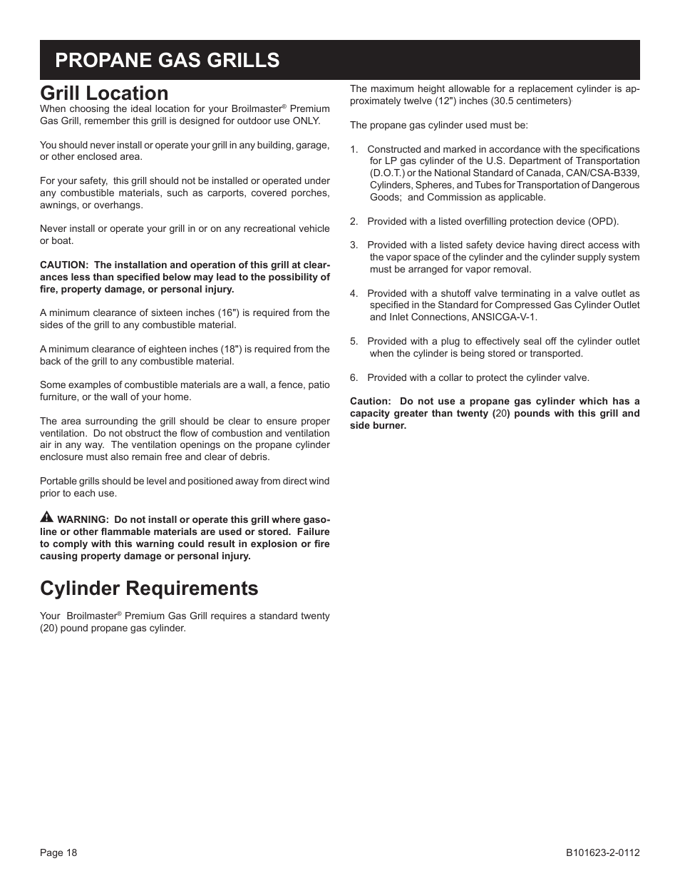 Grill location, Cylinder requirements, Propane gas grills | Broilmaster P4XF-1 User Manual | Page 18 / 56