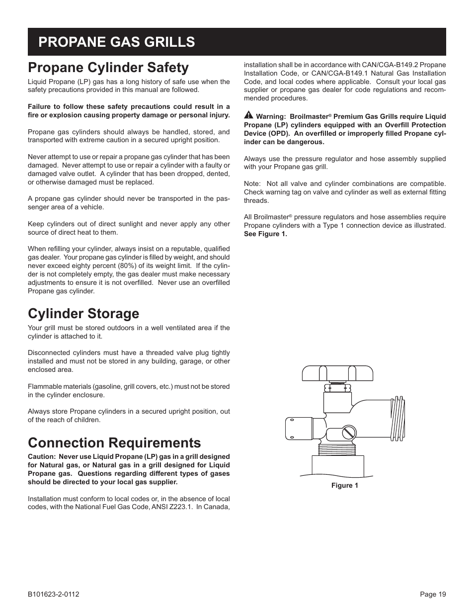 Propane cylinder safety, Cylinder storage, Connection requirements | Propane gas grills | Broilmaster P4XF-1 User Manual | Page 19 / 56