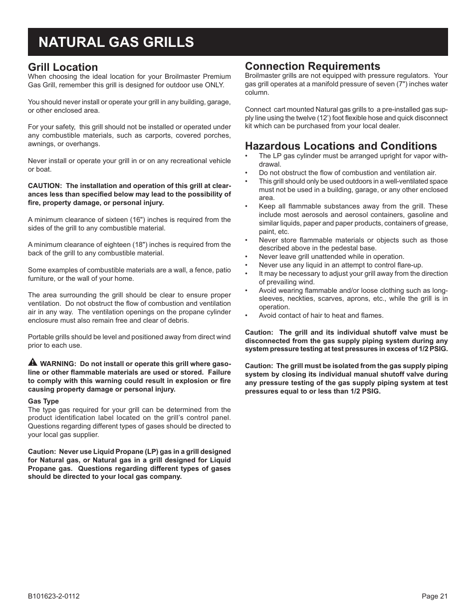 Natural gas grills, Connection requirements, Hazardous locations and conditions | Grill location | Broilmaster P4XF-1 User Manual | Page 21 / 56