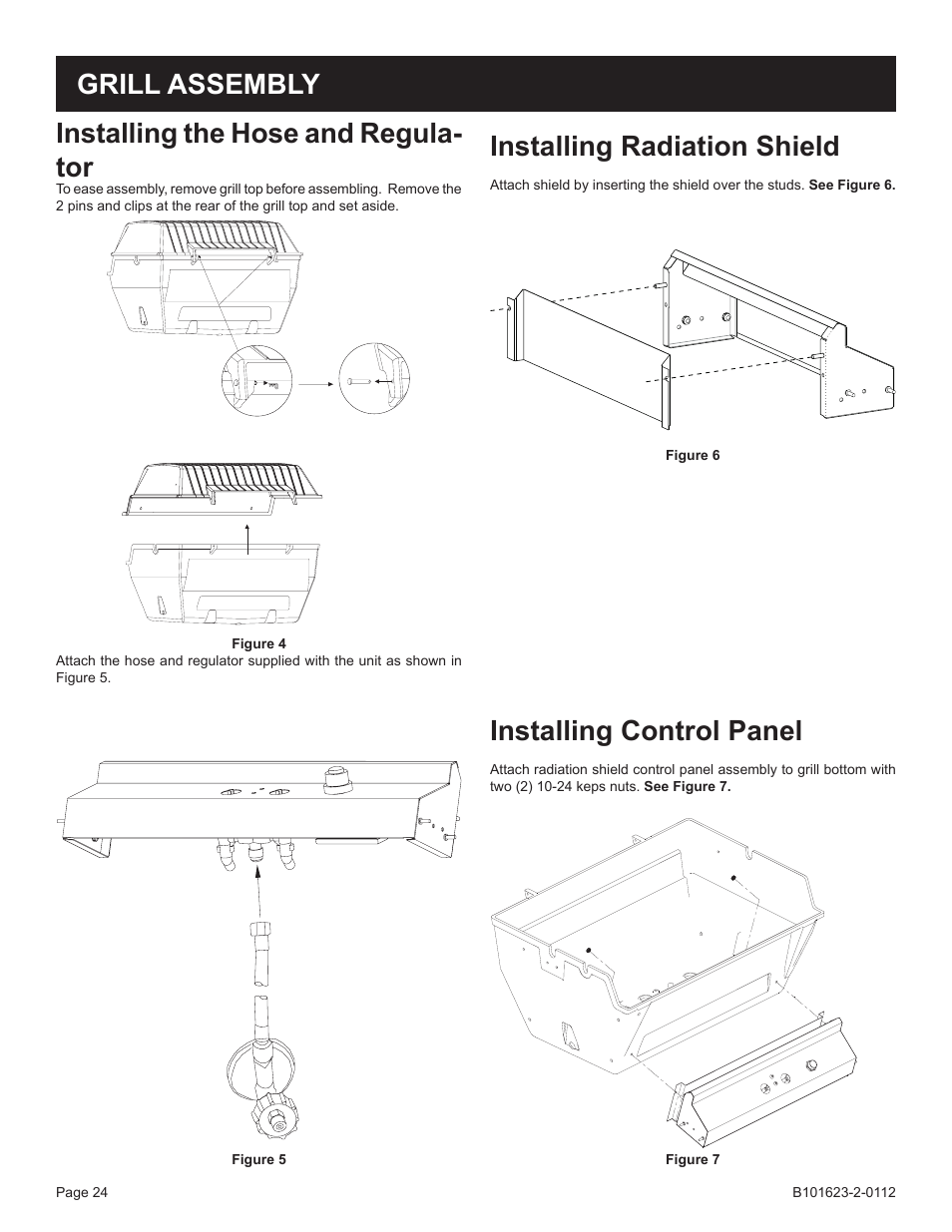 Grill assembly installing radiation shield, Installing the hose and regula- tor, Installing control panel | Broilmaster P4XF-1 User Manual | Page 24 / 56